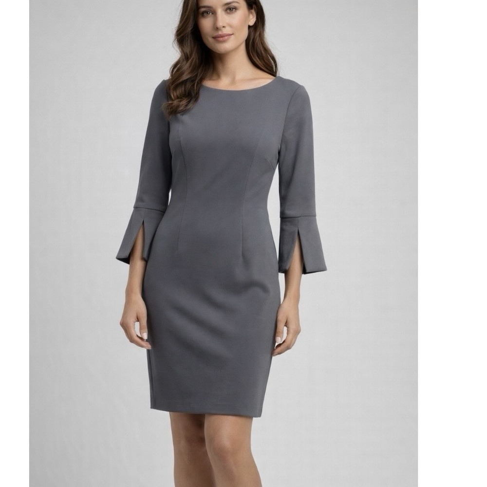 Calvin Klein Gray 3/4 Split Bell Sleeve Stretch‎ Crepe Sheath Dress Size 4